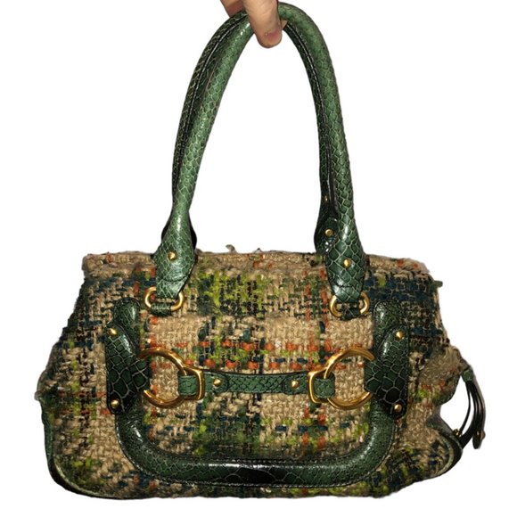 cole haan green leather FABULOUS khaki plaid TWEED bag - Picture 1 of 7